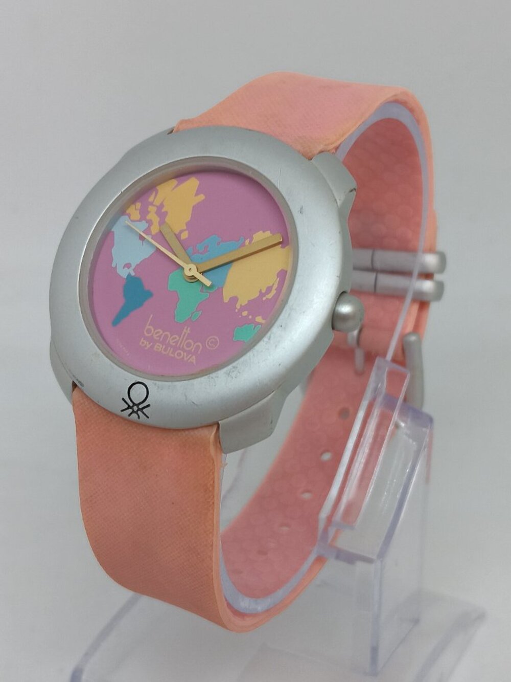 VINTAGE 1994 Benetton by Bulova Women's 34mm Map Series Pink Dial Watch NEW BATT